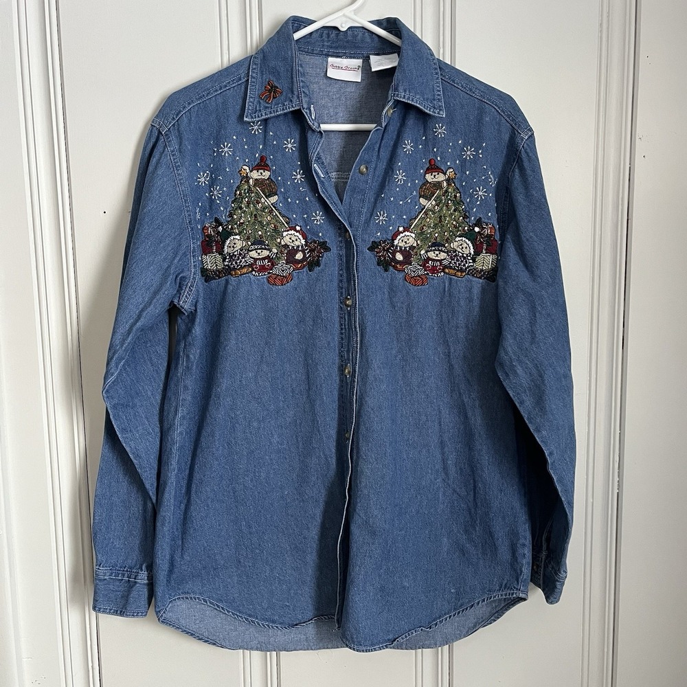 Bobbie Brooks Women's Small Denim Christmas Shirt – Embroidered Bears Decorating